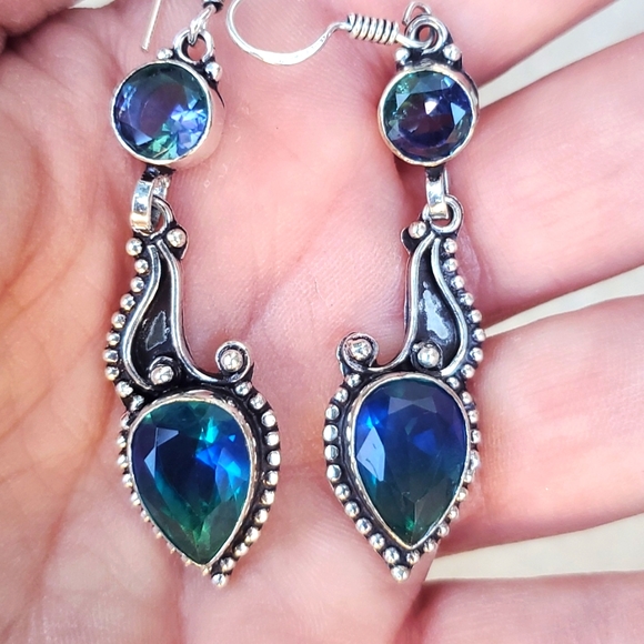 New Bi-Color Tourmaline & Blue Topaz 925 Silver Earrings. - Picture 2 of 15